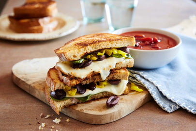 Mediterranean Grilled Cheese with Roasted Red Pepper Soup