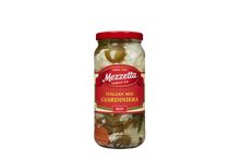 Load image into Gallery viewer, A glass jar of Mezzetta Italian Mix Giardiniera, showcasing a vibrant mix of pickled vegetables including cauliflower, carrots, and jalapeno peppers.