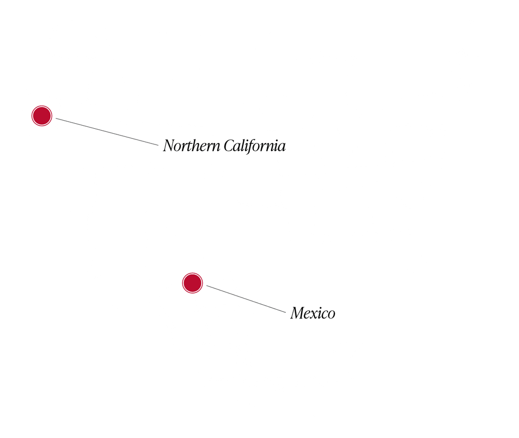 Map of North American with Northern California and Mexico highlighted