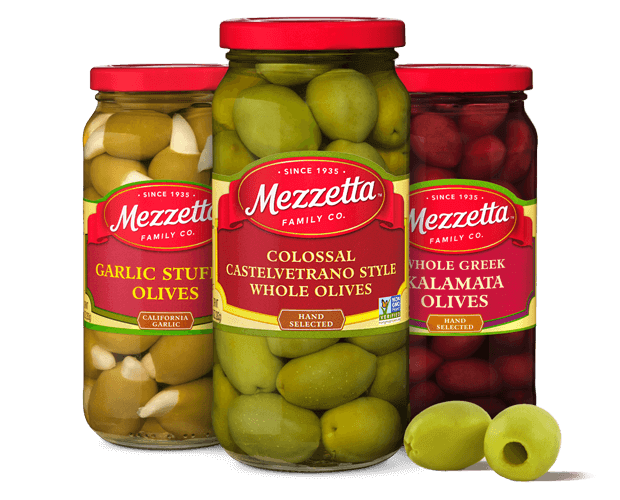 Mezzetta Olives-we offer a wide variety of olives, including who Castelvetrano olives, Kalamata olives, stuffed olives, pitted olives, and more. Use them as snacks, appetizers, with charcuterie, and in cocktails. Visit our website for recipes!