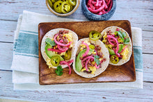 Load image into Gallery viewer, Three breakfast tacos topped with pickled red onion and jalapeno
