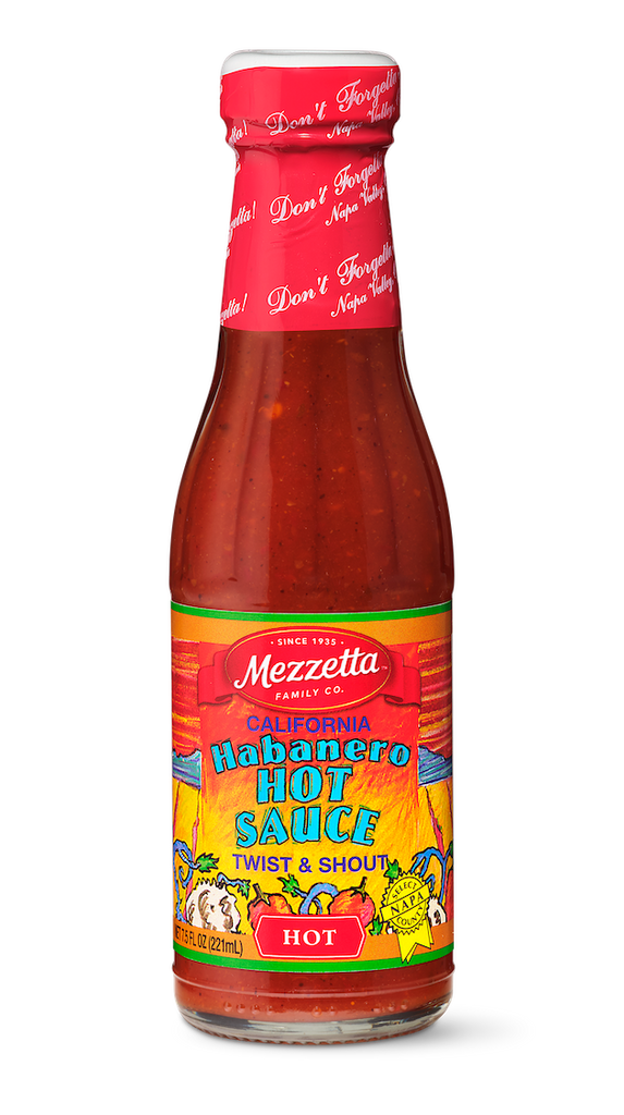 A bottle of Mezzetta California Habanero Hot Sauce displays its