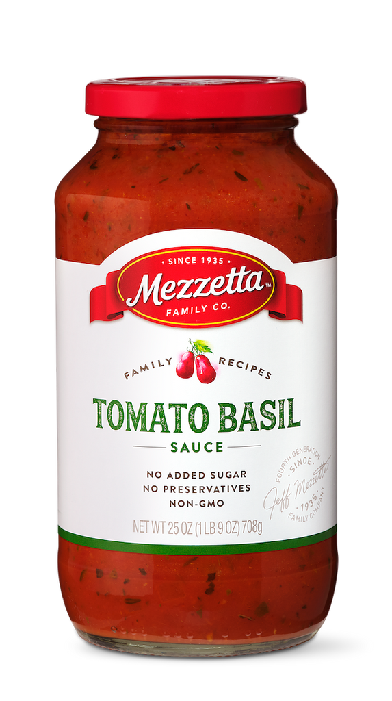 Glass jar of Mezzetta Family Co. Tomato Basil Sauce with a red lid.