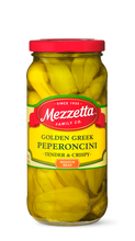 Load image into Gallery viewer, A jar of Mezzetta Golden Greek Pepperoncini peppers sits on display, showcasing the vibrant yellow peppers ready to add a medium heat and crispy texture to any dish.