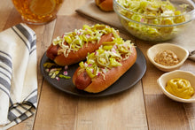 Load image into Gallery viewer, Two grilled hot dogs with pepper slaw and sides of mustard