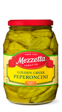 Load image into Gallery viewer, A glass jar filled with Mezzetta Golden Greek Pepperoncini peppers.