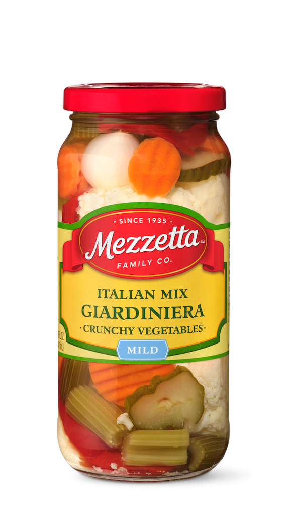 A jar of Mezzetta Italian Mix Giardiniera displays a colorful assortment of crunchy pickled vegetables including carrots, cauliflower, peppers, and celery.
