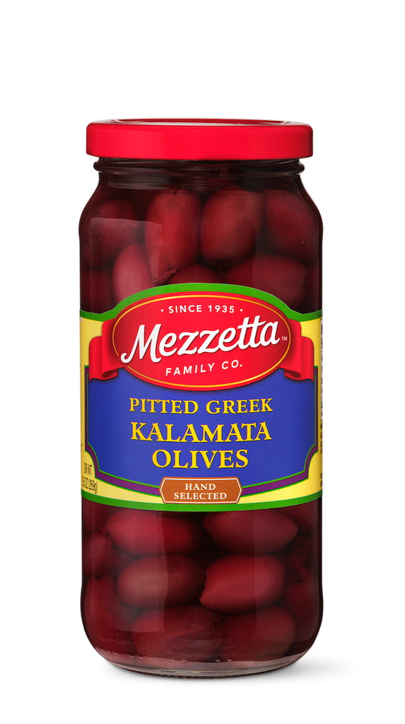 Glass jar filled with hand-selected, pitted Greek Kalamata olives from Mezzetta Family Co.