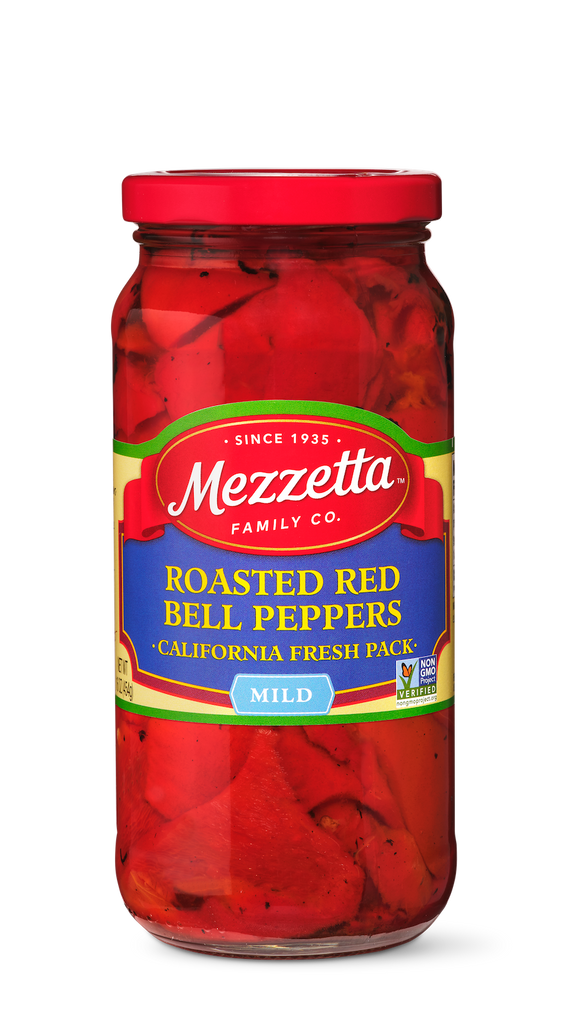A glass jar displays Mezzetta Roasted Red Bell Peppers, packed fresh in California. The peppers have a mild flavor.