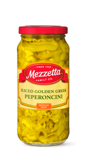 Load image into Gallery viewer, A glass jar displays sliced golden Greek pepperoncini from Mezzetta Family Co., promising a medium heat flavor.