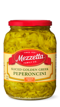 Load image into Gallery viewer, A clear glass jar filled with Mezzetta sliced golden Greek pepperoncini. The jar features a red lid and a label that highlights "Medium Heat".