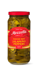 Load image into Gallery viewer, A glass jar filled with sliced Mezzetta brand hot jalapeno peppers.