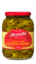 Load image into Gallery viewer, Glass jar filled with Mezzetta sliced hot jalapeno peppers.