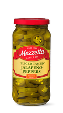 Load image into Gallery viewer, A glass jar displays sliced, pickled jalapeno peppers from Mezzetta Family Co.