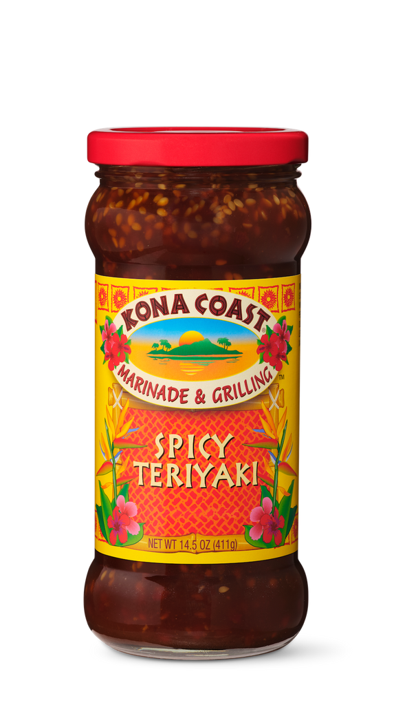 Glass jar filled with Kona Coast brand Spicy Teriyaki Marinade & Grilling sauce, topped with a red lid.