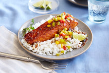 Load image into Gallery viewer, Teriyaki Salmon with Mango Salsa served with rice on a grey plate.
