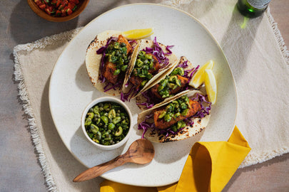 Easy Mediterranean Fish Tacos with Castelvetrano Salsa Verde