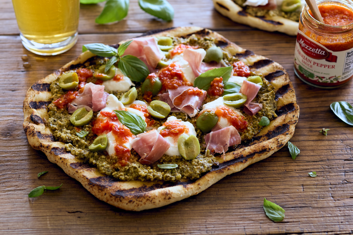 Grilled Pizza with Prosciutto, Burrata and Calabrian Honey