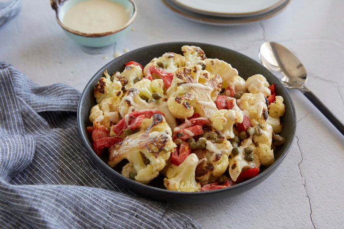 Roasted Cauliflower with Tahini, Capers and Peppers