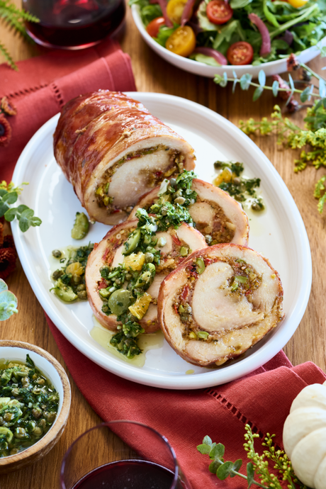 Prosciutto Wrapped Turkey “Porchetta” with Salsa Verde