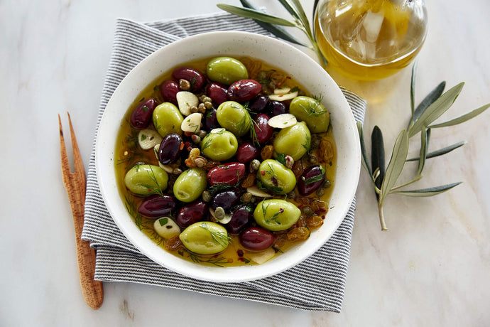 Warm Marinated Olives with Capers and Garlic