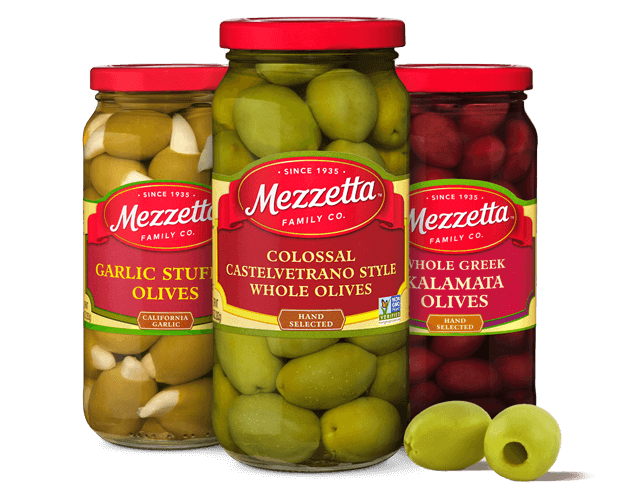 Mezzetta Olives-we offer a wide variety of olives, including who Castelvetrano olives, Kalamata olives, stuffed olives, pitted olives, and more. Use them as snacks, appetizers, with charcuterie, and in cocktails. Visit our website for recipes!  