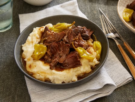 Mississippi Roast served on top of mashed potatoes