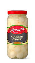 Load image into Gallery viewer, A glass jar displays plump Mezzetta Cocktail Onions, perfect for adding a tangy bite to martinis or snacking. 

