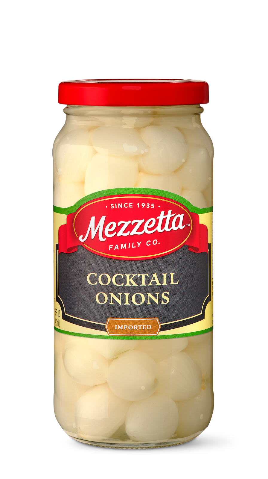 A glass jar displays plump Mezzetta Cocktail Onions, perfect for adding a tangy bite to martinis or snacking. 
