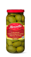 A glass jar filled with hand-selected, colossal Castelvetrano style whole olives from Mezzetta Family Co. 
