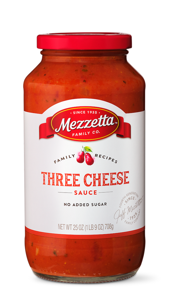 A jar of Mezzeta Family Company Three Cheese Sauce with no added sugar. 
