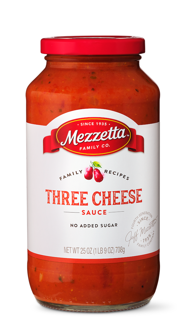 A jar of Mezzeta Family Company Three Cheese Sauce with no added sugar. 

