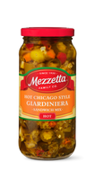 A glass jar displays a vibrant mix of Mezzetta Hot Chicago Style Giardiniera Sandwich Mix, packed with peppers, vegetables, and spices. 
