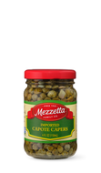 A clear glass jar displays Mezzetta brand imported capote capers. The jar features a red lid and a green label with the Mezzetta logo. 
