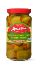 Load image into Gallery viewer, A glass jar filled with Mezzetta Spanish Queen Martini Olives stuffed with pimento and marinated in vermouth. 

