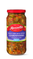 A glass jar filled with Mezzeta brand Mild Chicago Style Giardiniera sandwich mix. The jar shows colorful diced vegetables including carrots, peppers, and cauliflower.  
