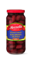 Glass jar filled with hand-selected, pitted Greek Kalamata olives from Mezzetta Family Co. 
