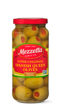Load image into Gallery viewer, Glass jar filled with Mezzetta Super Colossal Spanish Queen Olives stuffed with pimentos. 

