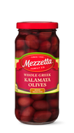 A clear glass jar displays hand-selected, whole Greek Kalamata olives from Mezzetta Family Co. 

